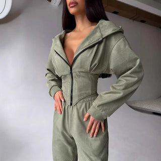 Women's 2-Piece Hooded Tracksuit – Sporty Casual Set with Waist-Cinching Design Promise Mart