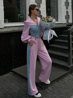 Zekye Autumn Spring Summer Hoodies 2 Piece Sets Long Sleeve Zipper Women's Tracksuit New Crop Tops Wide Leg Sport Pants Set Promise Mart