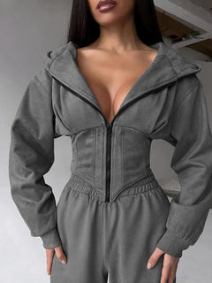 Women's 2-Piece Hooded Tracksuit – Sporty Casual Set with Waist-Cinching Design Promise Mart