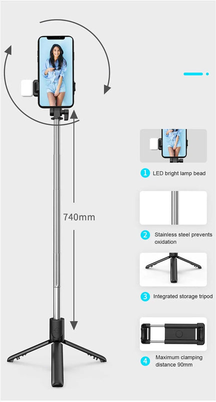 Portable Bluetooth Selfie Stick Tripod Holder with Remote Shutter Fill Light Extendable Wireless Remote Retractable Phone Stand Promise Mart