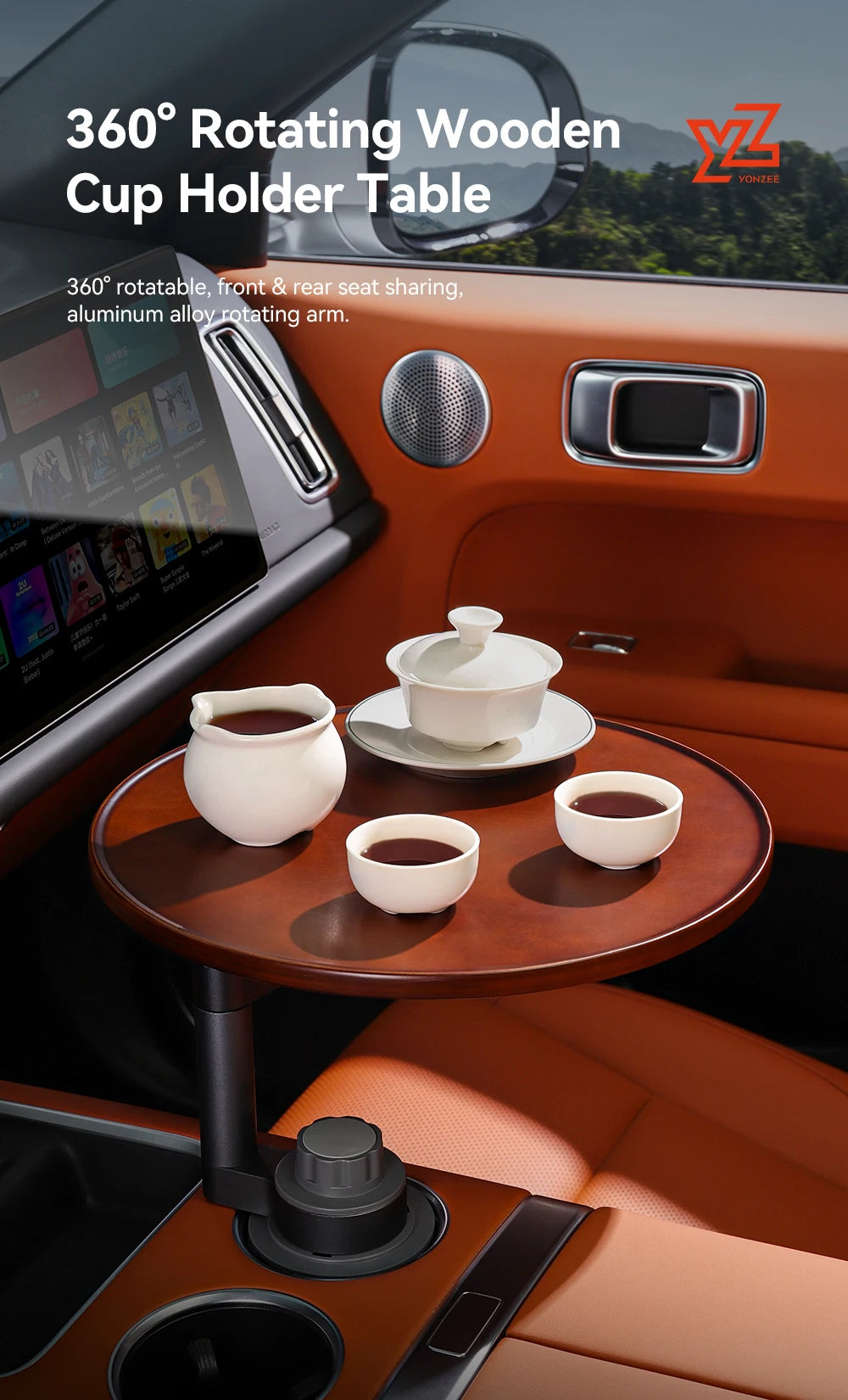 YZ Expander Multi-Function Wooden Car Cup Holder Drink Holder with Food Table 360-Degree Adjustable Base Tray Car Accessorie