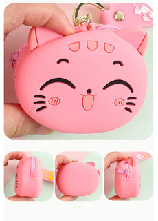 Cute Cartoon Cat Silicone Coin Purse with Keyring Kawaii Kids Coin Bag Portable Data Cable Earphone Organizer Coin Key Pouch