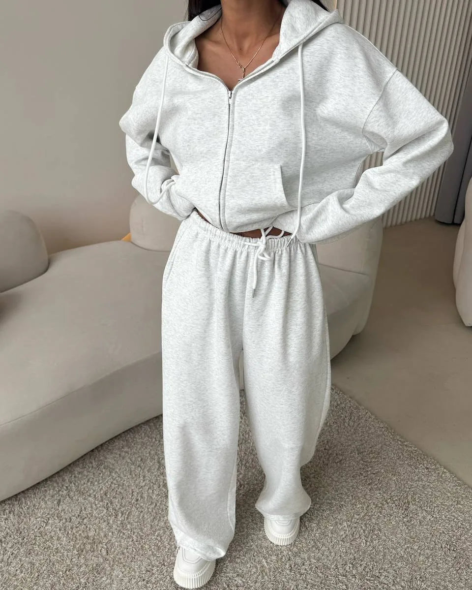 FSMG Casual Hooded Zippers Sweatshirts Pants Set Long Sleeved Cardigan Lace-up Sportswear Two Pieces Set Female Tracksuit Suit