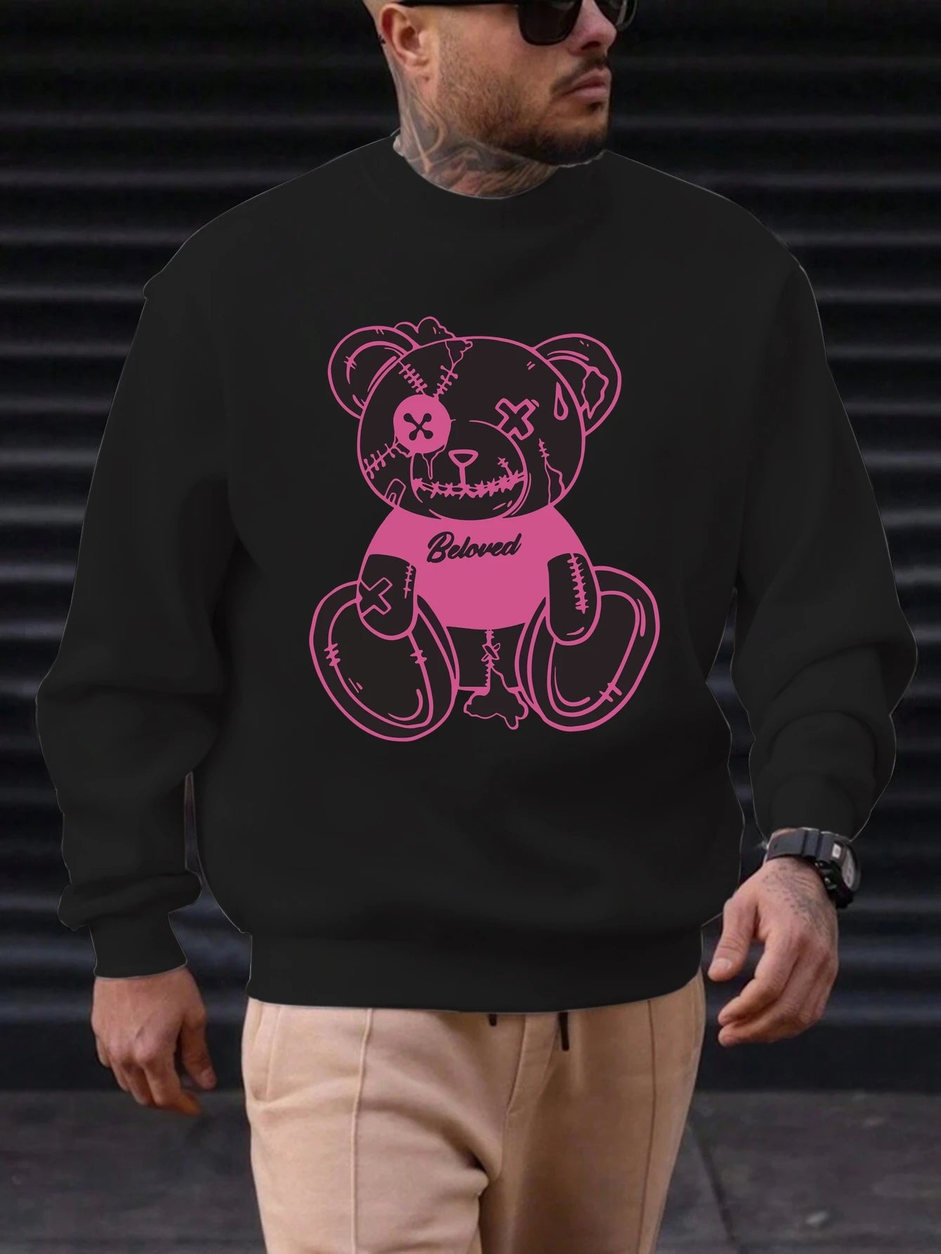 Men's Sweatshirt 2025 New Arrival Edgy Streetwear Cozy Relaxed Fit Distressed Teddy Bear 'Beloved' Quote Bold Print Graphic Top