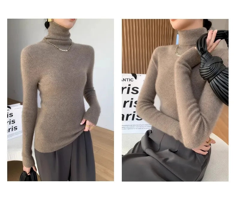 Autumn Winter Thiened Slim Fit Camere Sweater High Collar Knitted Wool Base irt Pure Color Crew Ne Sweater for Women