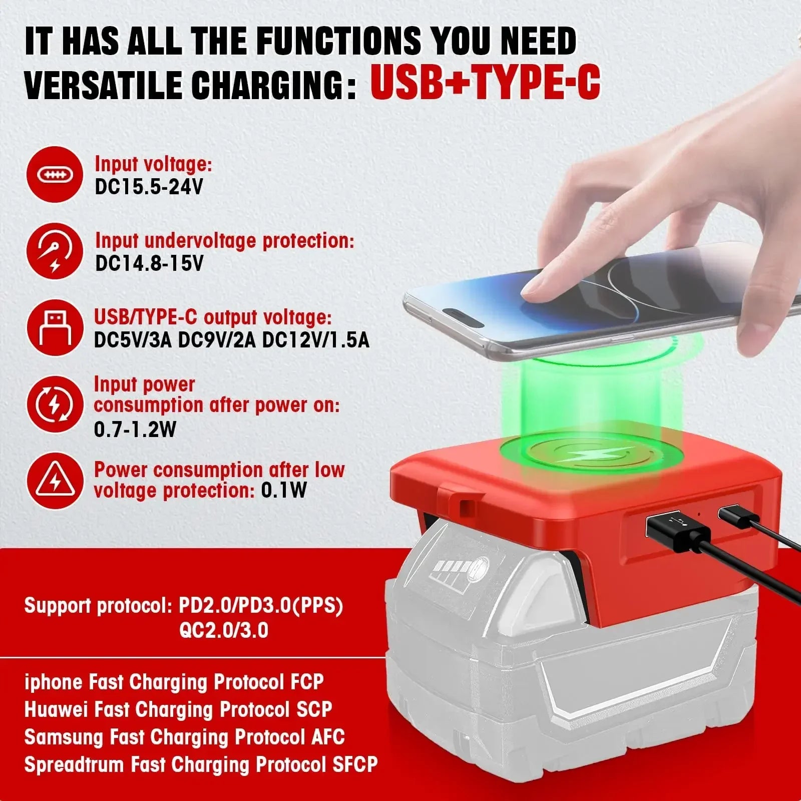 Wireless Phone Charger for Milwaukee 18V Battery,Battery Adapter with USB and Type-C Output, for Camping Travel,Outdoor Working