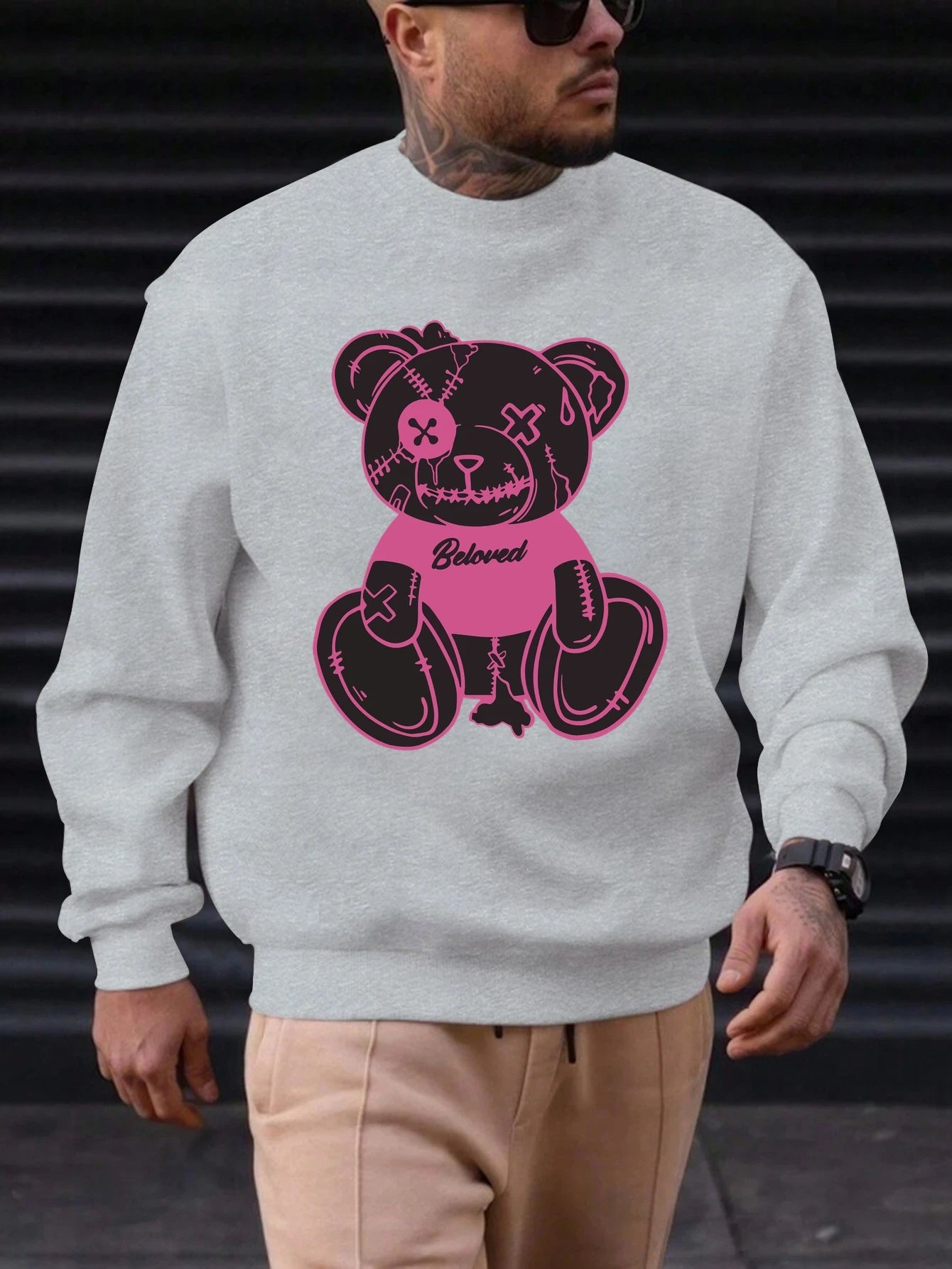 Men's Sweatshirt 2025 New Arrival Edgy Streetwear Cozy Relaxed Fit Distressed Teddy Bear 'Beloved' Quote Bold Print Graphic Top