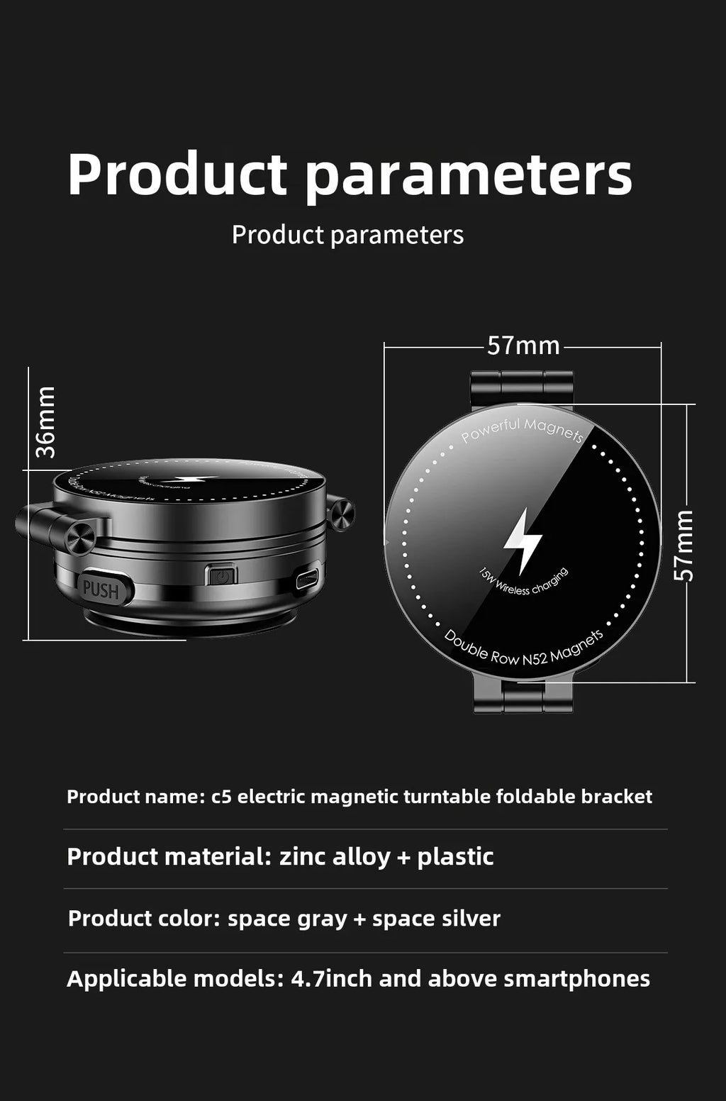 15W Wireless Charger  Double Sides Phone Holder Magnetic Vacuum Adsorption Bracket Foldable GPS Stand Electric Sucker Cup Suppor