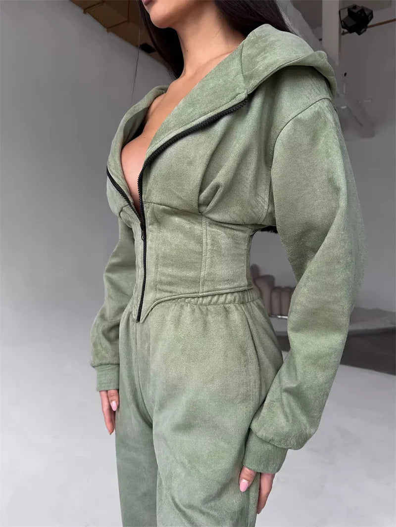 2025 Sweatshirt Two-piece Suit Women's Casual Sports Sets Zipper-up Hooded Tunic Short Jacket Top Straight Trousers 2-piece Sets