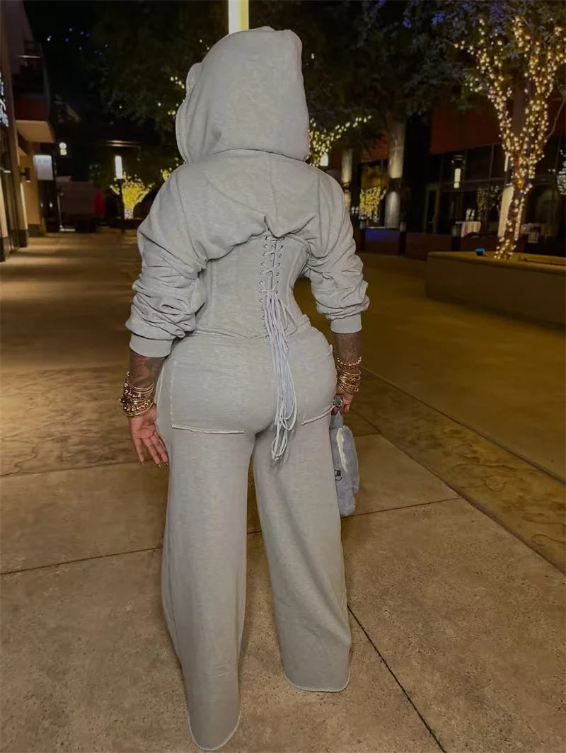 Streetwear Casual Tracksuit Woman 2 Piece Sets Sporty Zipper Hooded Lace-up Bandage Corset Jacket and Sweatpants Matching Set