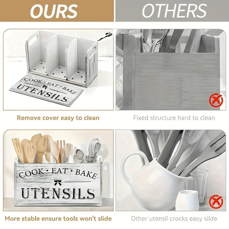 1pc Kitchen with Compartmentalized Cutlery Storage Rack, Rustic Style Wooden Countertop Organizer, Kitchenware Accessories