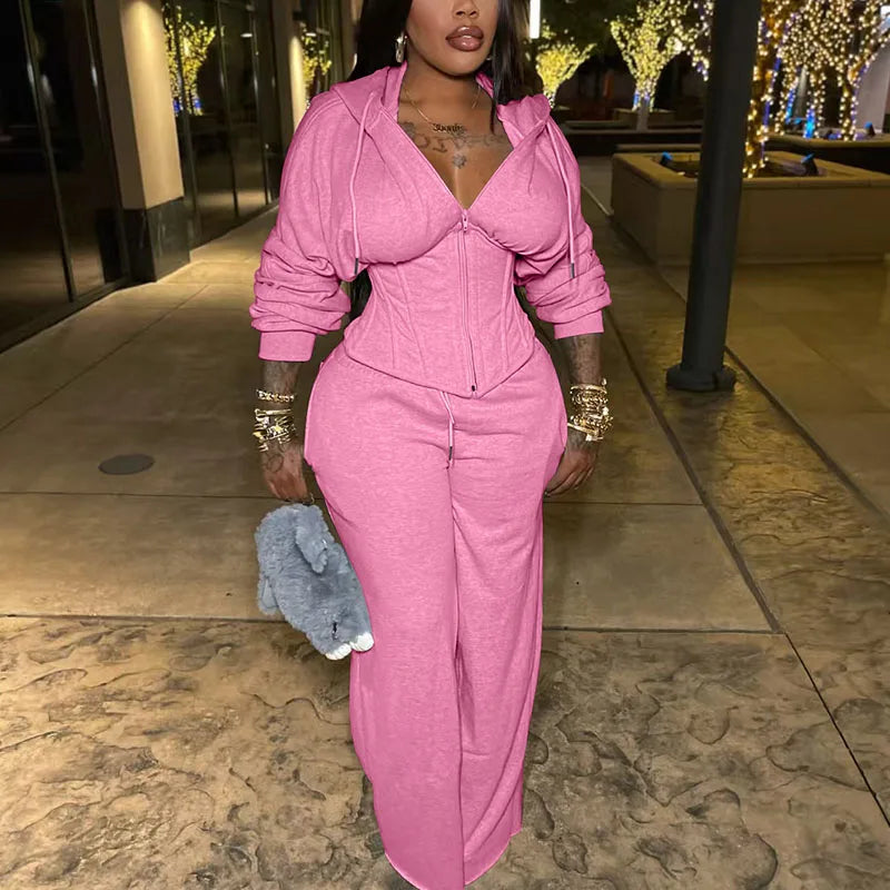 Streetwear Casual Tracksuit Woman 2 Piece Sets Sporty Zipper Hooded Lace-up Bandage Corset Jacket and Sweatpants Matching Set