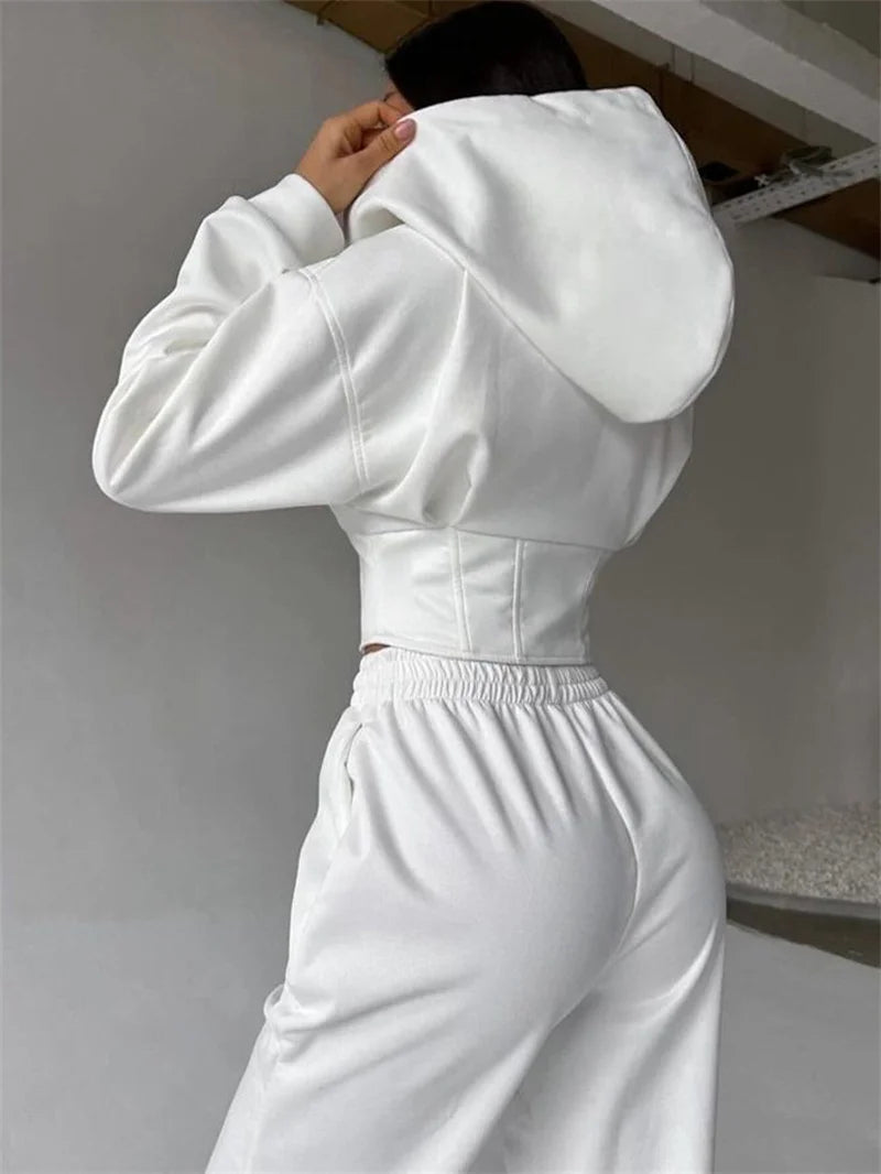 2025 Sweatshirt Two-piece Suit Women's Casual Sports Sets Zipper-up Hooded Tunic Short Jacket Top Straight Trousers 2-piece Sets