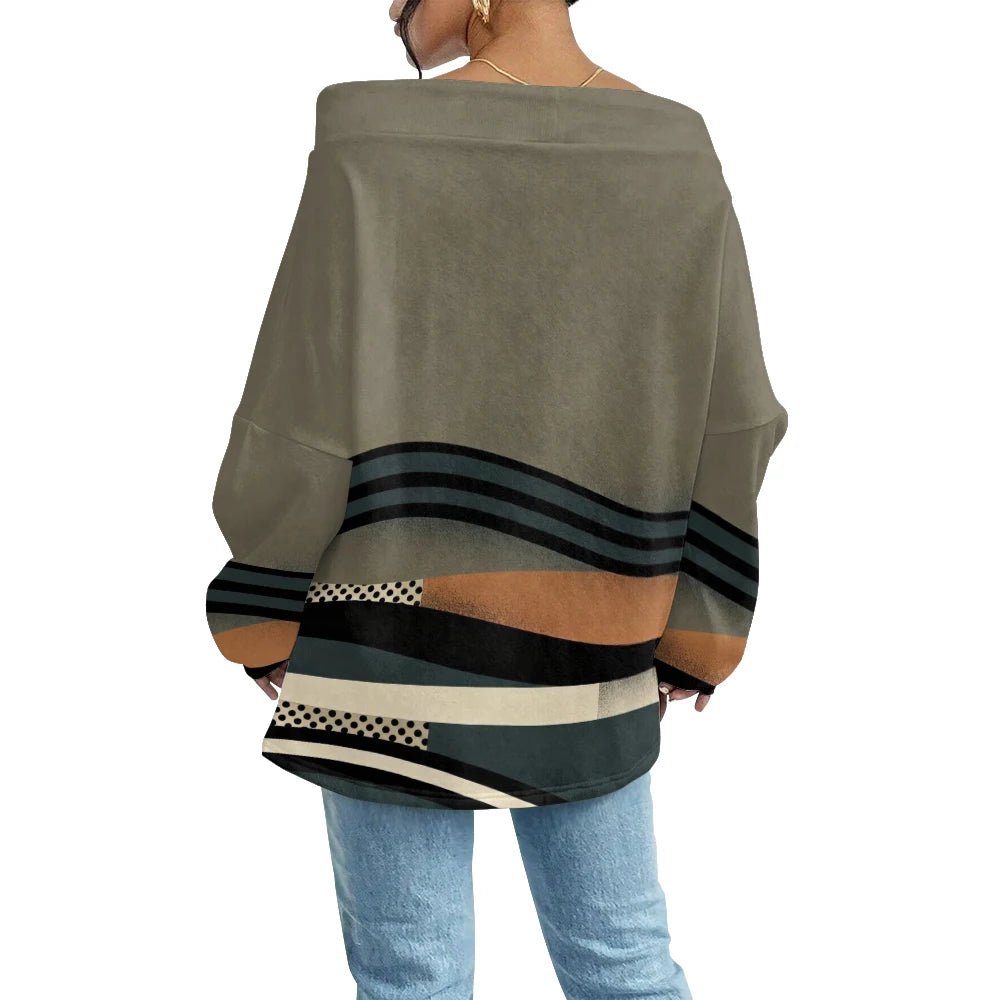 Trendy Off-Shoulder Sweatshirts with Striped & Polka Dot Patterns Drawstring Casual Loose-Fit Top for Women Casual Streetwear