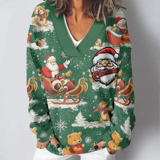 Women Sweatshirts Vintage Santa Claus Printed Oversized Deep V Neck Winter Tops Elegent Pullovers Long Sleeve Loose Jumper Promise Mart