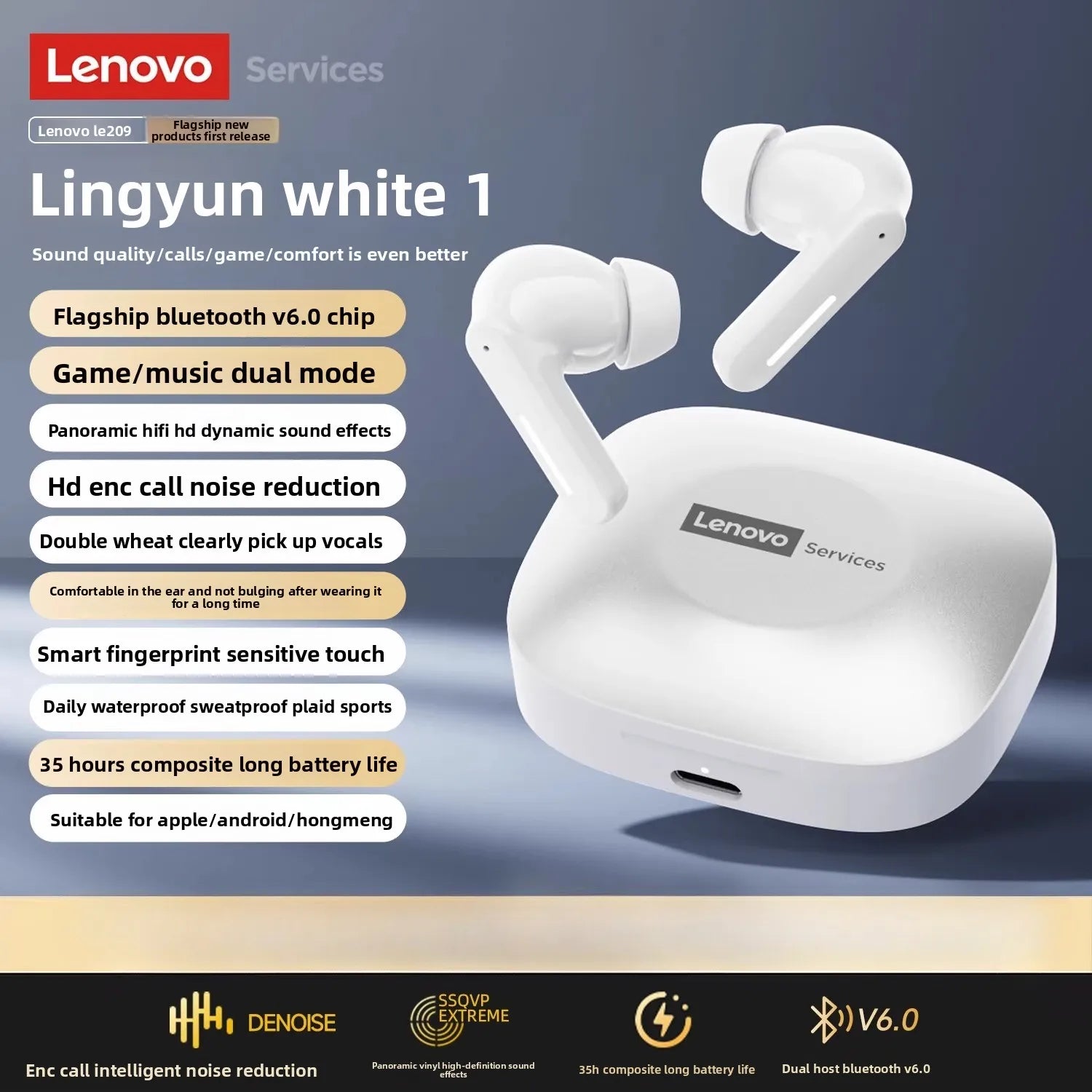 New Original Lenovo LE209 Wireless Bluetooth 6.0 Headphone HIFI Stereo Game Call Music Noise Reduction Earbuds Sport TWS Headset