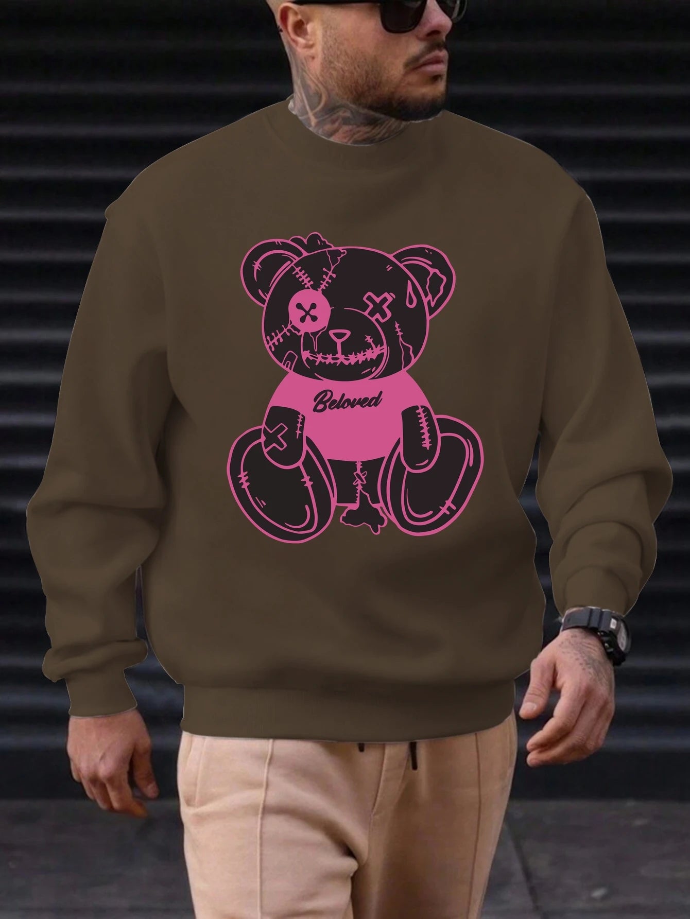 Men's Sweatshirt 2025 New Arrival Edgy Streetwear Cozy Relaxed Fit Distressed Teddy Bear 'Beloved' Quote Bold Print Graphic Top