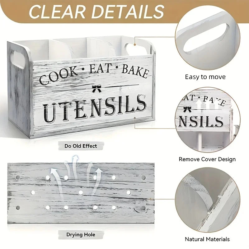 1pc Kitchen with Compartmentalized Cutlery Storage Rack, Rustic Style Wooden Countertop Organizer, Kitchenware Accessories