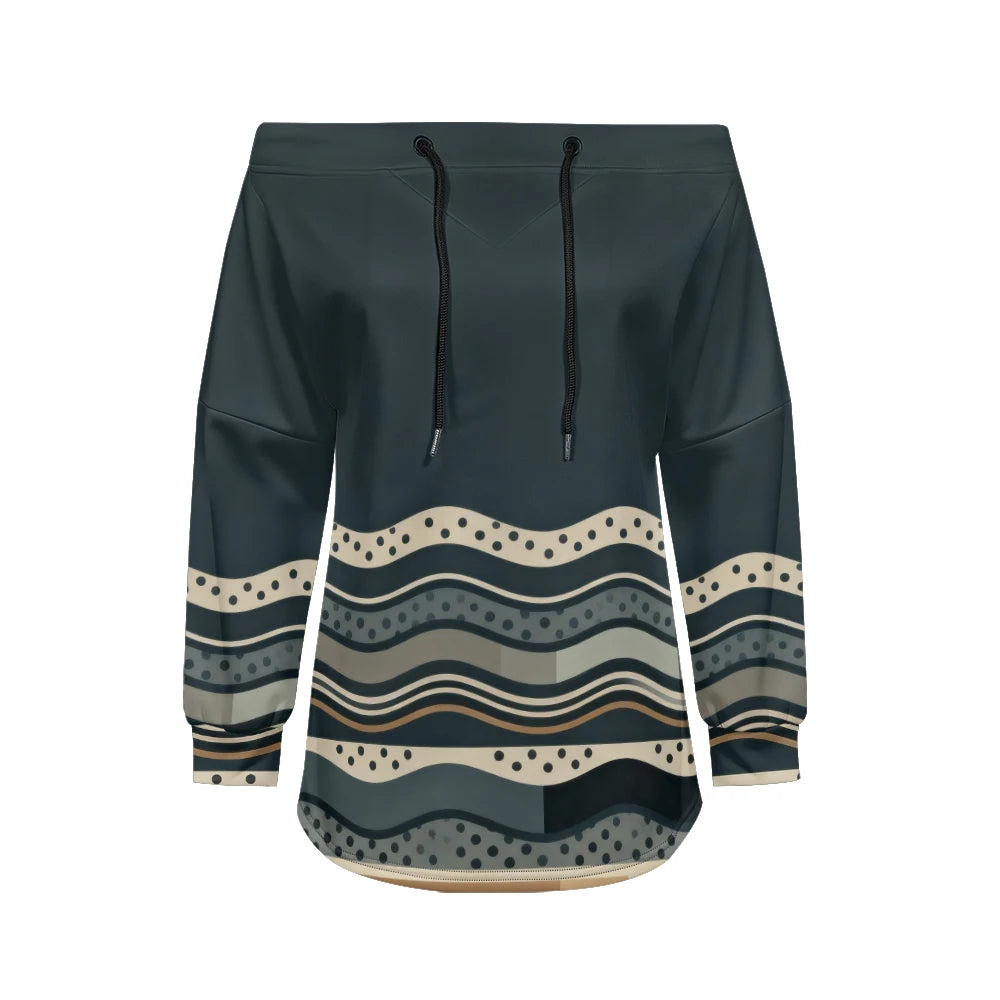 Trendy Off-Shoulder Sweatshirts with Striped & Polka Dot Patterns Drawstring Casual Loose-Fit Top for Women Casual Streetwear