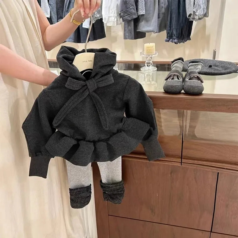 Girls Sweatshirt 2025 Autumn Winter Korean Style Fashion Cute Lovely Dark Gray Solid Color Ruffles Long Sleeve Hoodie