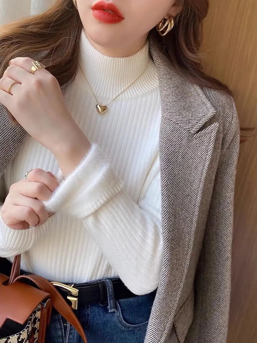 plus Size Fce Lined Knitted Sweater Women's Inteated Velvet f High Collar Base irt Inner Warm Top Commute Sle Kor...