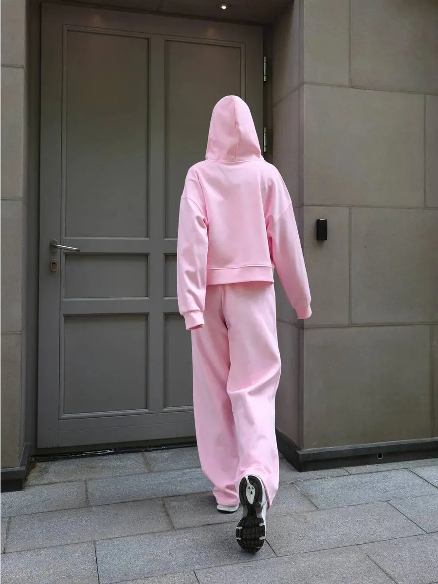 FSMG Casual Hooded Zippers Sweatshirts Pants Set Long Sleeved Cardigan Lace-up Sportswear Two Pieces Set Female Tracksuit Suit