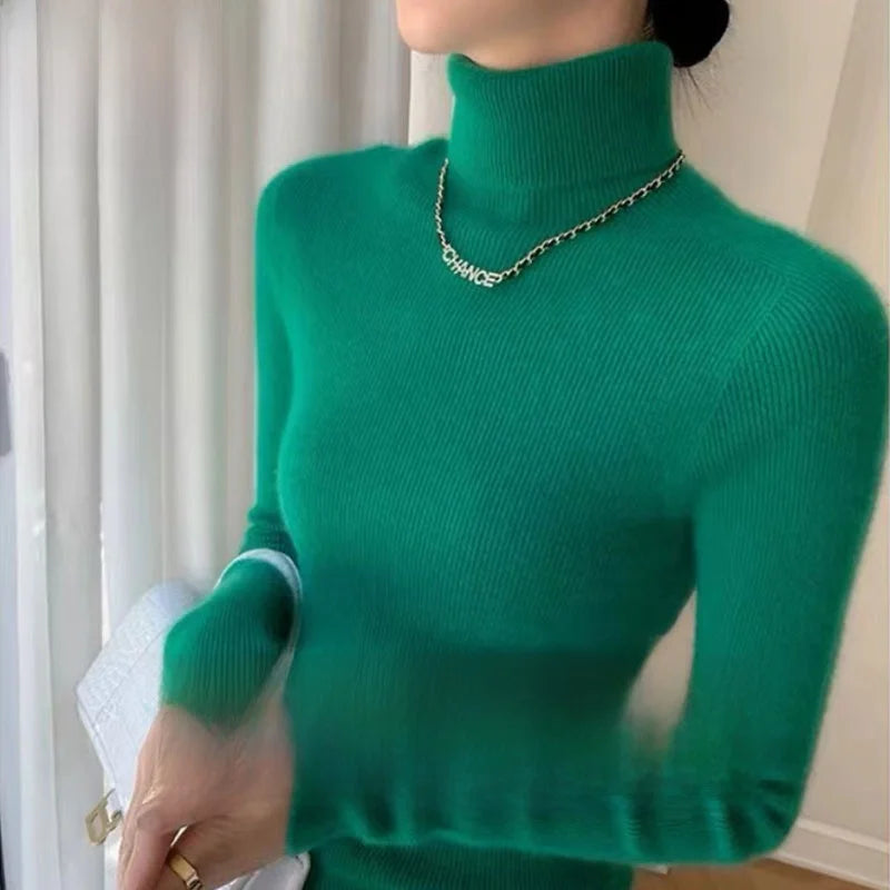 Autumn Winter Thiened Slim Fit Camere Sweater High Collar Knitted Wool Base irt Pure Color Crew Ne Sweater for Women