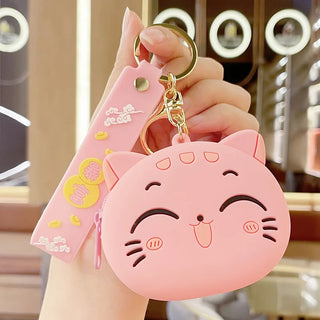 Cute Cartoon Cat Silicone Coin Purse with Keyring Kawaii Kids Coin Bag Portable Data Cable Earphone Organizer Coin Key Pouch