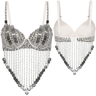 Womens Sequin Beaded Belly Dance Bra Tops with Tassels Dance Costume for Music Festival Club Belly Dance Wear Clubwear Promise Mart