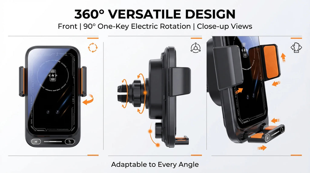Car Phone Charger Phone Holder 15W Wireless & Wired Charger Auto Sensing One-Touch Release and Rotation Qi FCC ROHS Certified