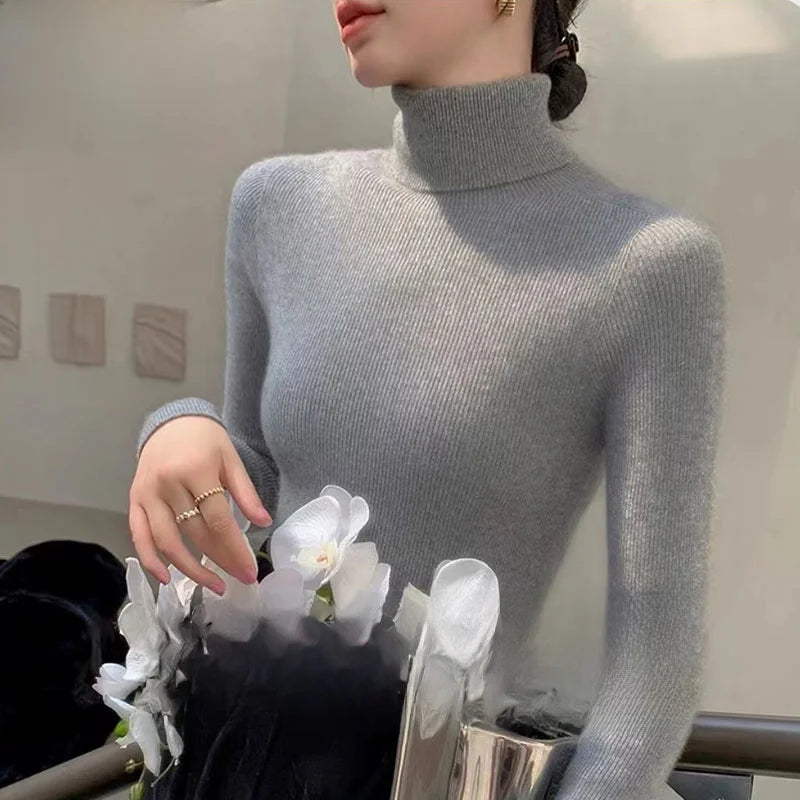 Autumn Winter Thiened Slim Fit Camere Sweater High Collar Knitted Wool Base irt Pure Color Crew Ne Sweater for Women