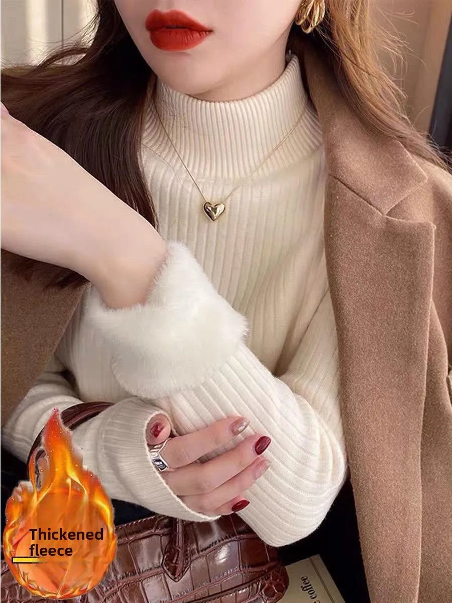 plus Size Fce Lined Knitted Sweater Women's Inteated Velvet f High Collar Base irt Inner Warm Top Commute Sle Kor...