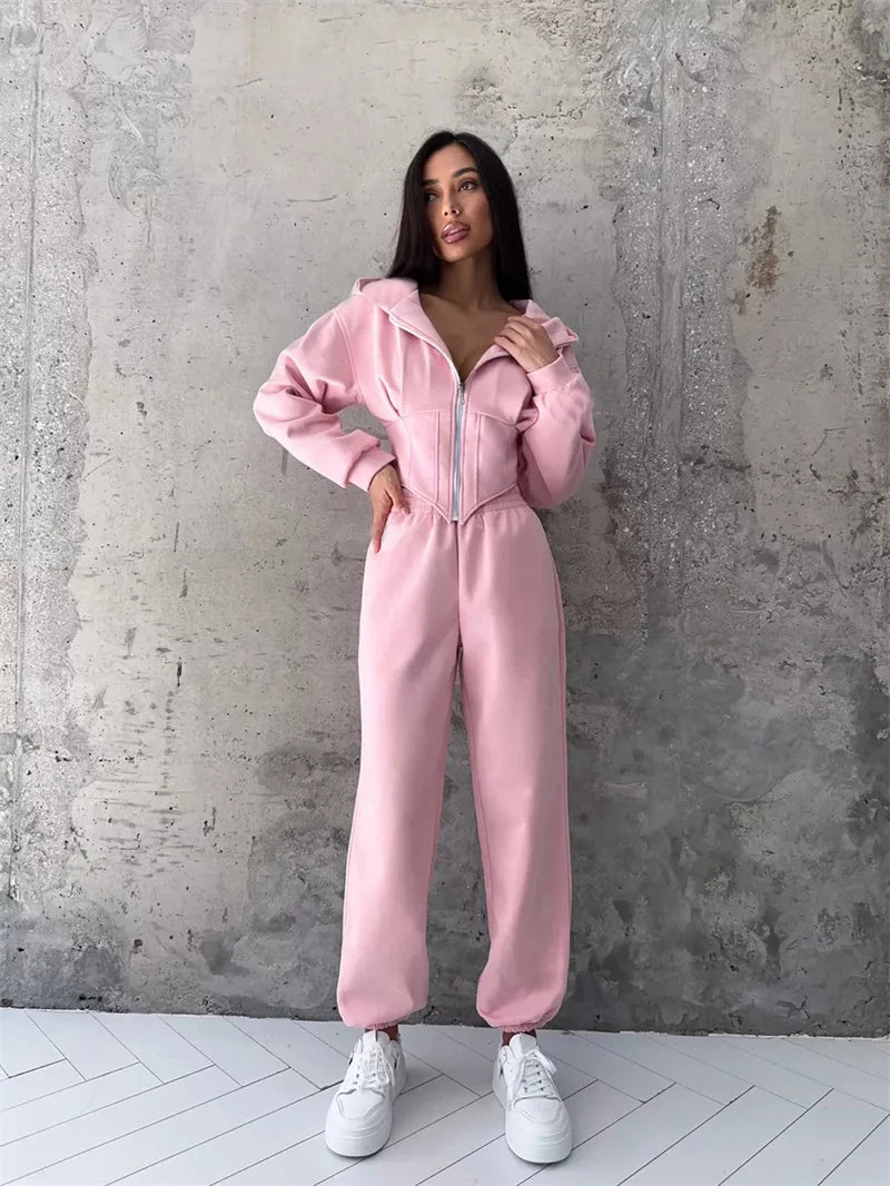 2025 Sweatshirt Two-piece Suit Women's Casual Sports Sets Zipper-up Hooded Tunic Short Jacket Top Straight Trousers 2-piece Sets