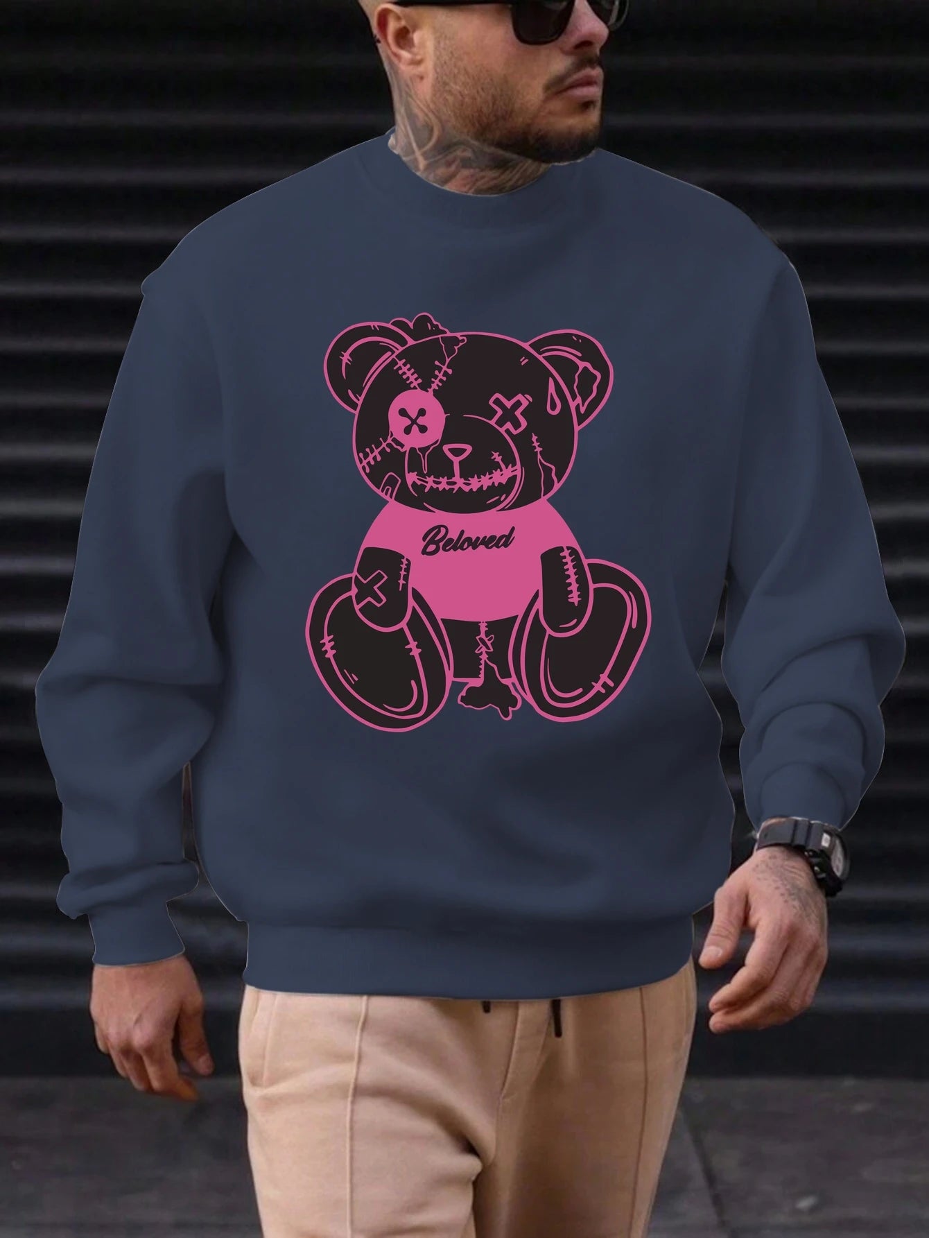 Men's Sweatshirt 2025 New Arrival Edgy Streetwear Cozy Relaxed Fit Distressed Teddy Bear 'Beloved' Quote Bold Print Graphic Top