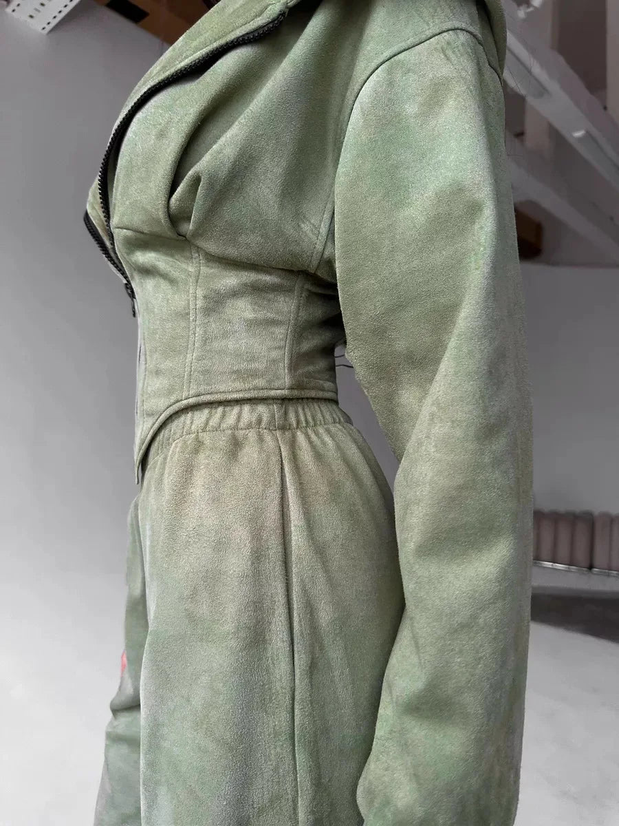 Zekye Women's Autumn Solid Color Waist-Cinched Hooded Sweatshirt Long Pants 2-Piece Sporty Casual Set Women's Tracksuit Elegant