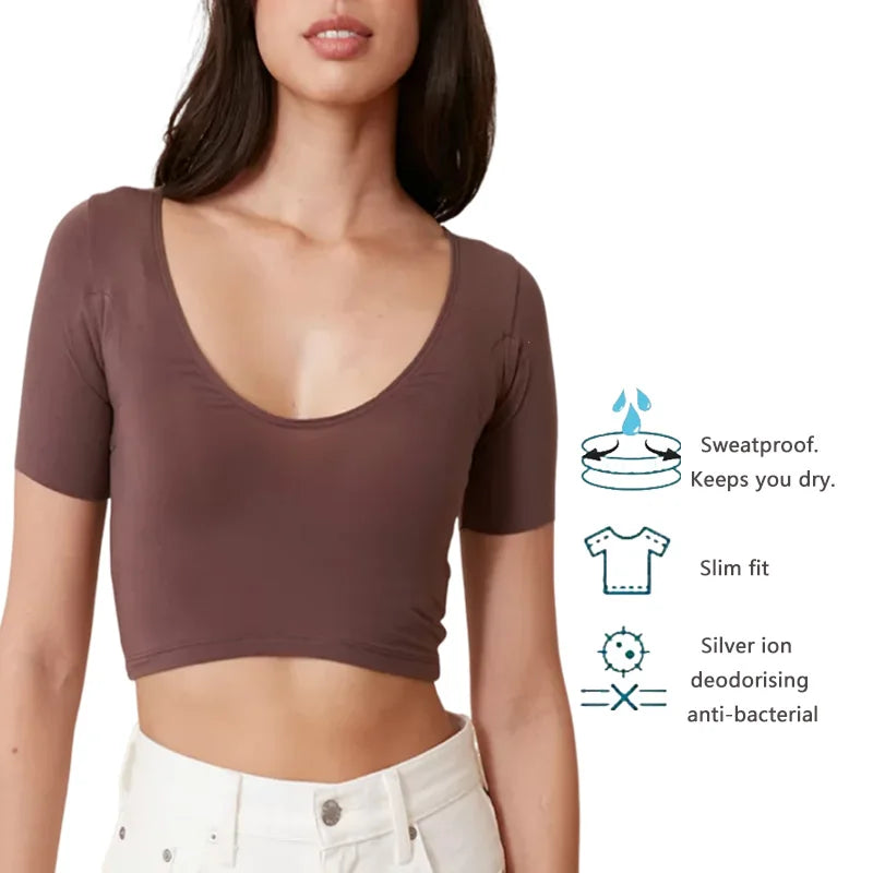 Sweat Proof Padding Anti Perspiration T Shirts Sports Gym Round Neck White Anti-Sweat Sweatproof Undershirts Crop Top