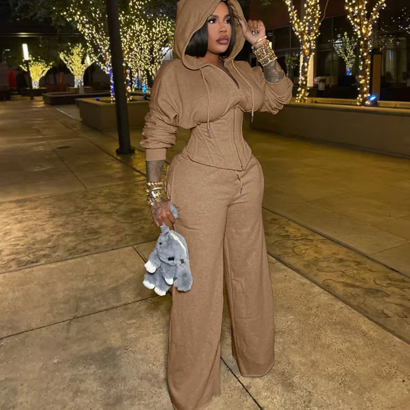 Streetwear Casual Tracksuit Woman 2 Piece Sets Sporty Zipper Hooded Lace-up Bandage Corset Jacket and Sweatpants Matching Set