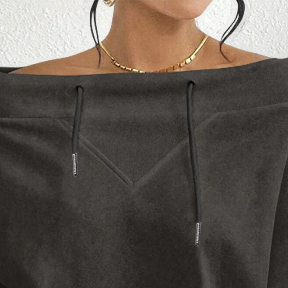 Trendy Off-Shoulder Sweatshirts with Striped & Polka Dot Patterns Drawstring Casual Loose-Fit Top for Women Casual Streetwear