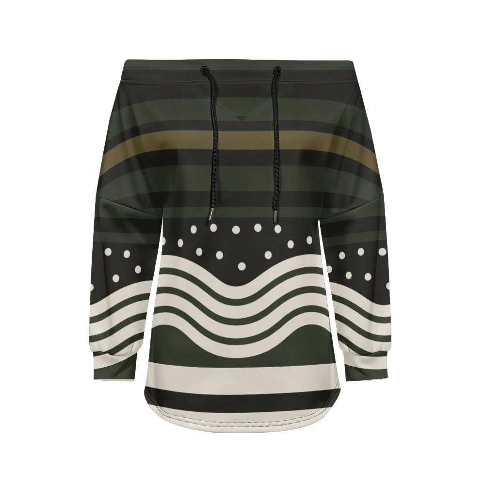 Trendy Off-Shoulder Sweatshirts with Striped & Polka Dot Patterns Drawstring Casual Loose-Fit Top for Women Casual Streetwear