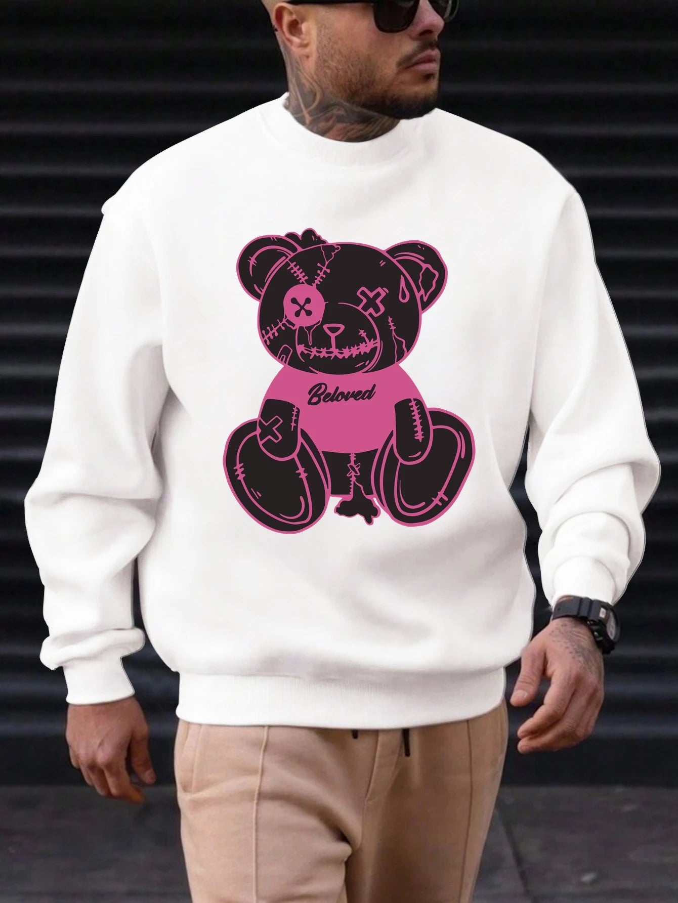 Men's Sweatshirt 2025 New Arrival Edgy Streetwear Cozy Relaxed Fit Distressed Teddy Bear 'Beloved' Quote Bold Print Graphic Top