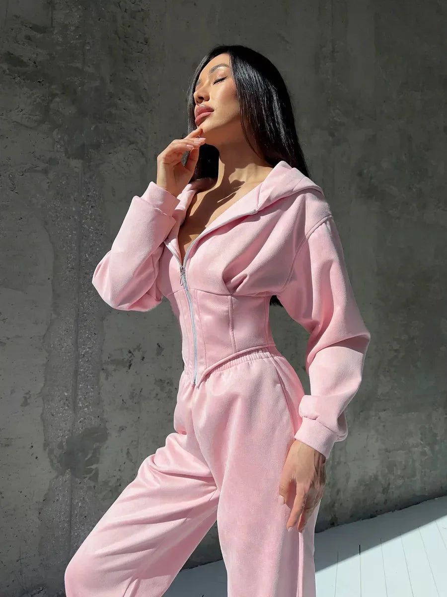 Zekye Women's Autumn Solid Color Waist-Cinched Hooded Sweatshirt Long Pants 2-Piece Sporty Casual Set Women's Tracksuit Elegant