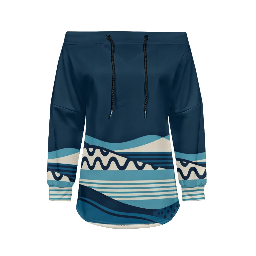 Trendy Off-Shoulder Sweatshirts with Striped & Polka Dot Patterns Drawstring Casual Loose-Fit Top for Women Casual Streetwear