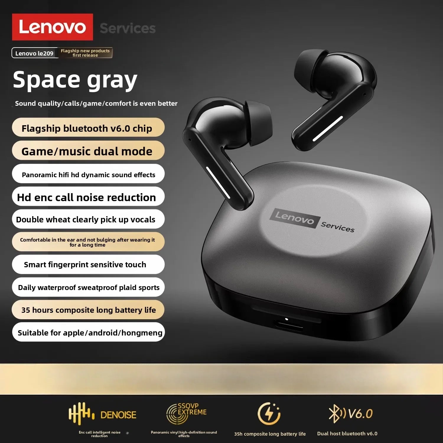 New Original Lenovo LE209 Wireless Bluetooth 6.0 Headphone HIFI Stereo Game Call Music Noise Reduction Earbuds Sport TWS Headset
