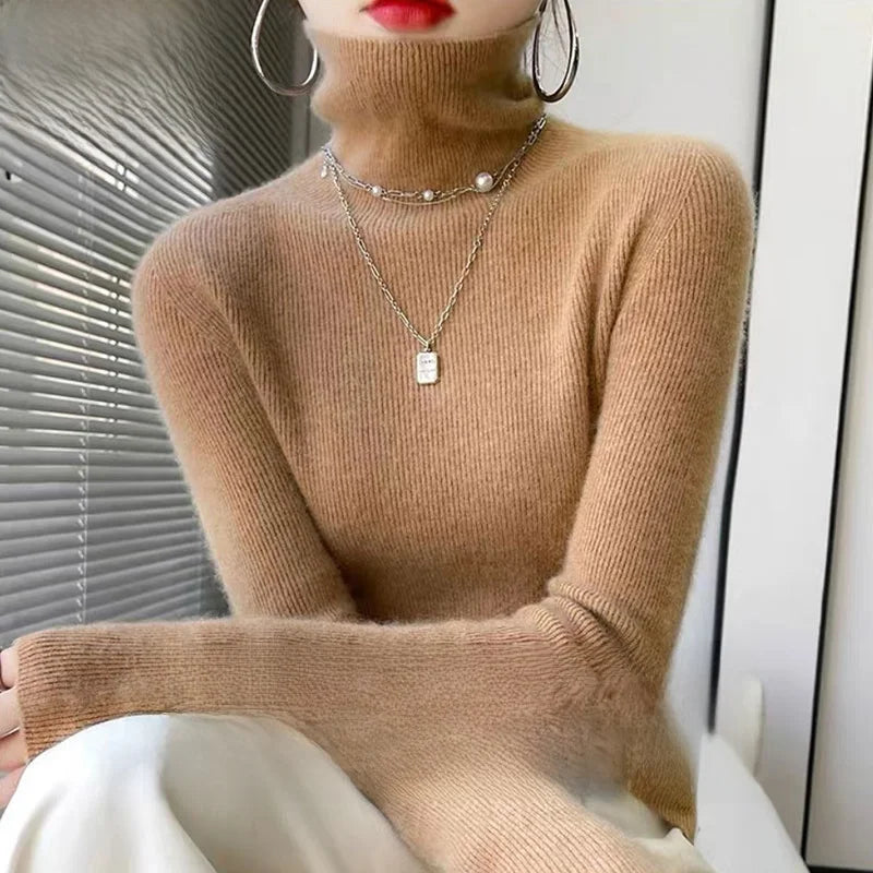 Autumn Winter Thiened Slim Fit Camere Sweater High Collar Knitted Wool Base irt Pure Color Crew Ne Sweater for Women