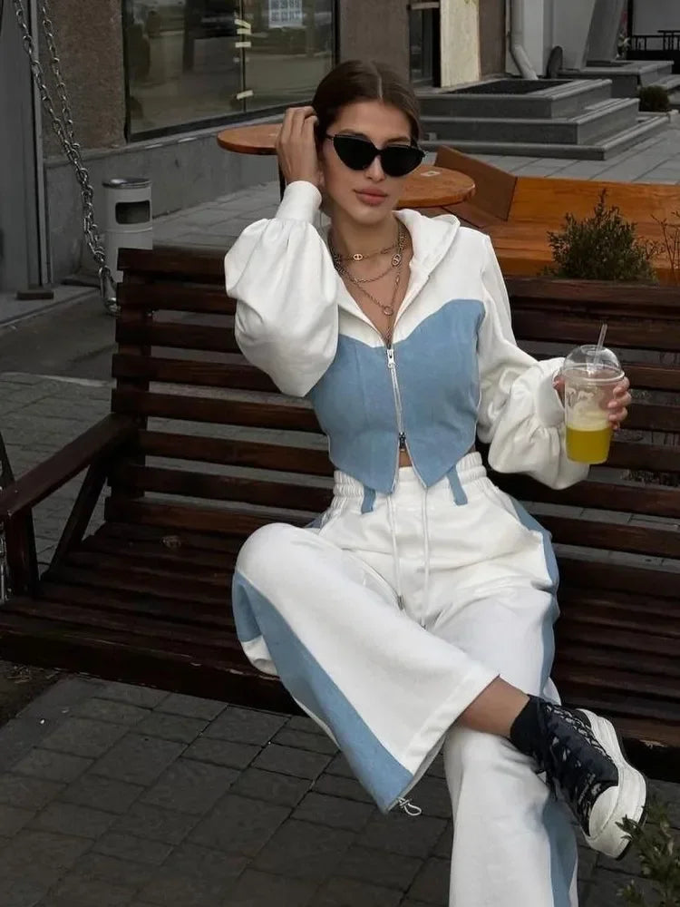 Zekye Autumn Spring Summer Hoodies 2 Piece Sets Long Sleeve Zipper Women's Tracksuit New Crop Tops Wide Leg Sport Pants Set