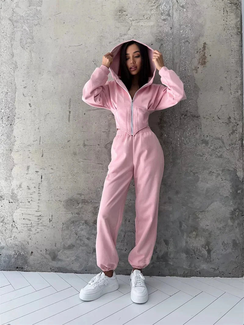 2025 Sweatshirt Two-piece Suit Women's Casual Sports Sets Zipper-up Hooded Tunic Short Jacket Top Straight Trousers 2-piece Sets