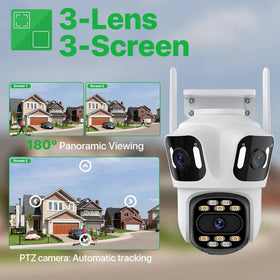 Three Lens Three Screen IP 12MP Camera WiFi External Dual Lens Auto Track Security PTZ 8MP HD Camera iCsee Video Surveillance Promise Mart