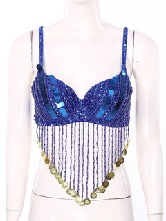 Womens Sequin Beaded Belly Dance Bra Tops with Tassels Dance Costume for Music Festival Club Belly Dance Wear Clubwear Promise Mart