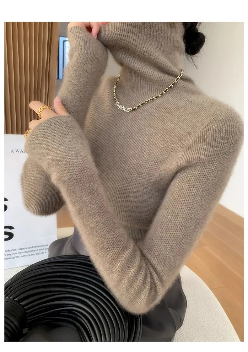Autumn Winter Thiened Slim Fit Camere Sweater High Collar Knitted Wool Base irt Pure Color Crew Ne Sweater for Women
