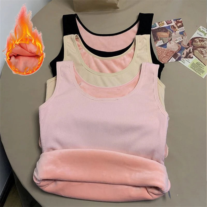 Women's Winter Thermal Underwear Top Seamless Plus Velvet Shirt Sleeveless Vest Warm Female Undershirt Solid Color Sexy Lingerie